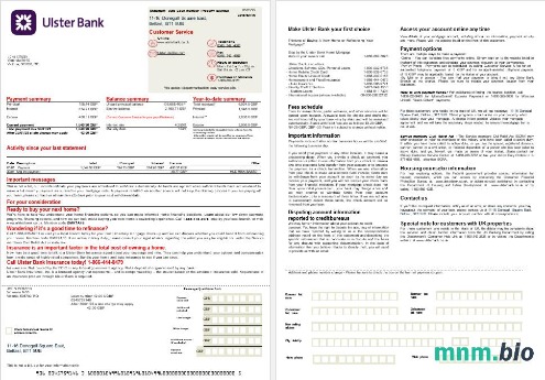 Wielka Brytania Ulster Bank wyciąg z kredytu hipotecznego w formatach Word i PDF, 2 strony